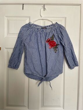 Miss Majesty Blue Striped Off-Shoulder Top with Red Rose Embroidery XS/S
